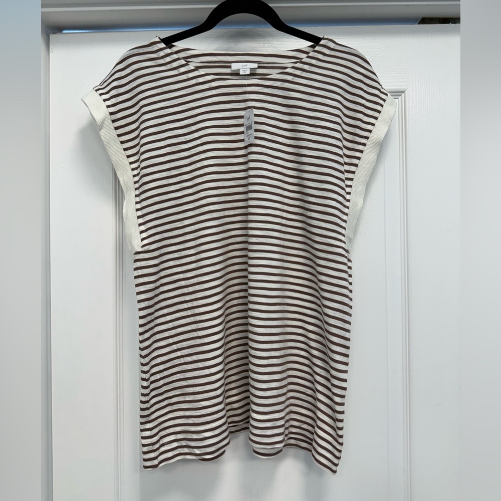 NWT- J. Jill Brown and White Striped Tee, Med Tall